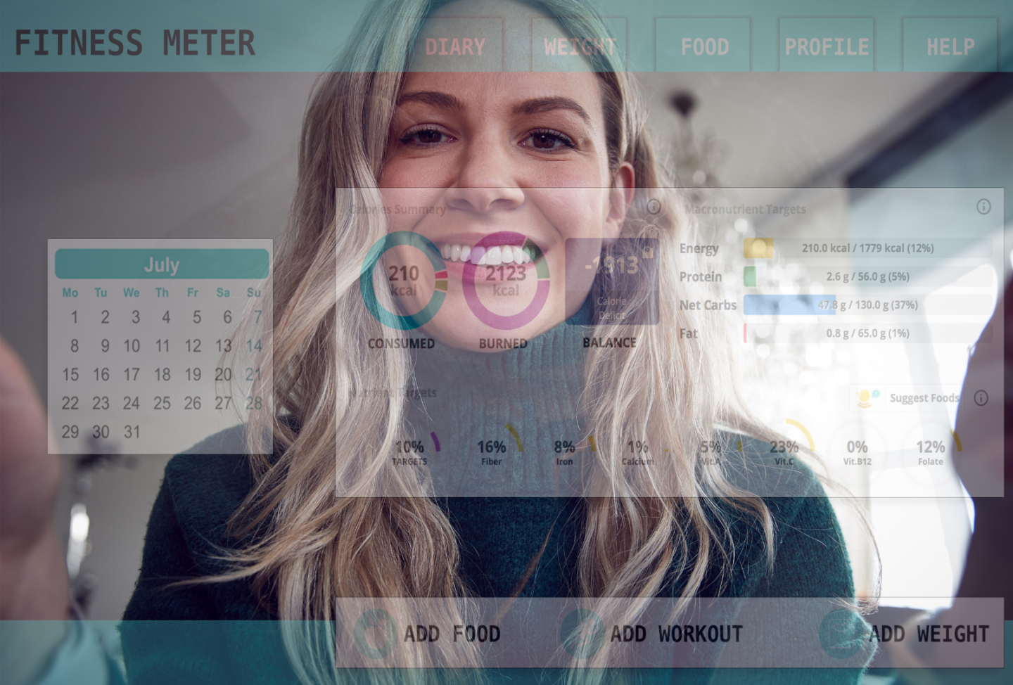 Woman's face with overlay graphics of her Tapping into Integrated Fitness Tech screen